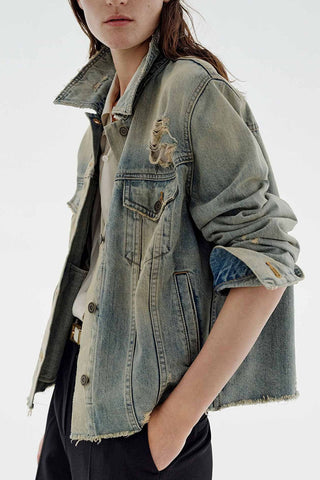Distressed Button-Front Denim Jacket