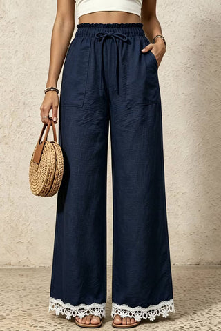 Ruffle Waist Lace-Trim Wide-Leg Pants