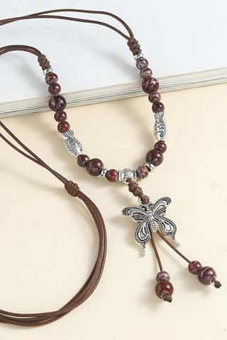 Butterfly Charm Beaded Tassel Necklace