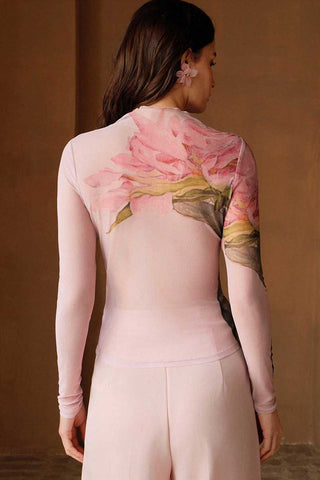 Floral Sheer Mesh Mock Neck Top