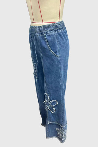 Floral Applique Drawstring Wide Leg Baggy Jeans