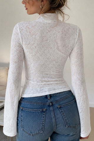 Lace Bell Sleeve Mock Neck Crop Blouse