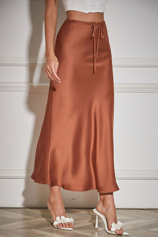 Satin Drawstring Waist Slip Midi Skirt