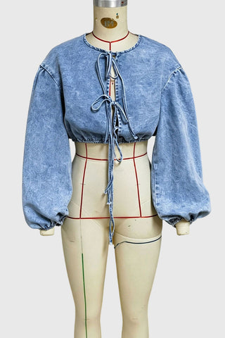 Lace-Up Puff Sleeve Denim Jacket