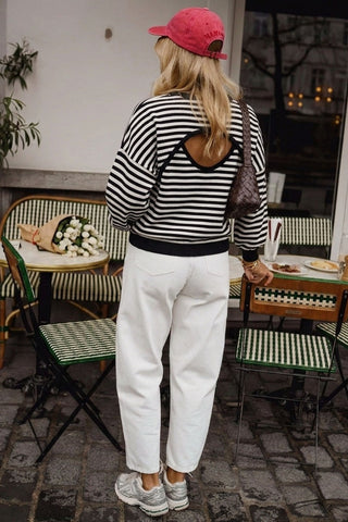 Striped Open Back Long Sleeve Sweater