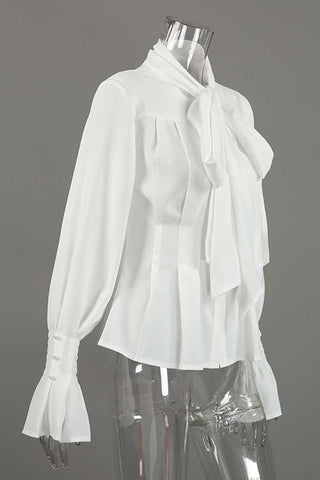 Tie-Neck Smocked Cuff Pleated Blouse
