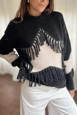 Fringe Colorblock Mock Neck Sweater