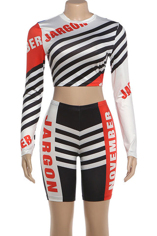 Striped Long Sleeve Crop Top and Shorts Set
