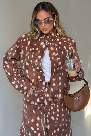 Animal Print Button-Front Denim Jacket