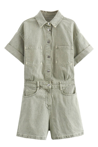 Pocketed Button-Front Shorts Romper