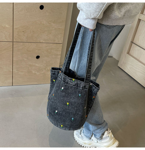 Floral Denim Tote Bag