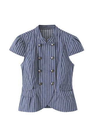 Striped Double-Breasted Cap Sleeve Short Set