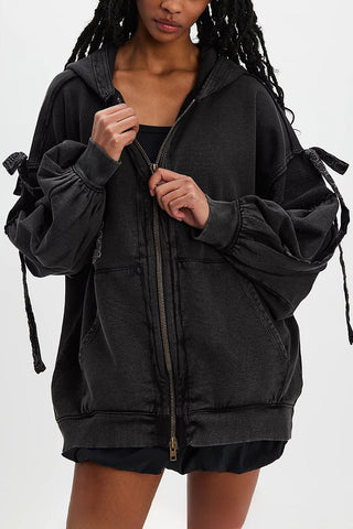 Tie-Sleeve Puff Zip-Up Hoodie