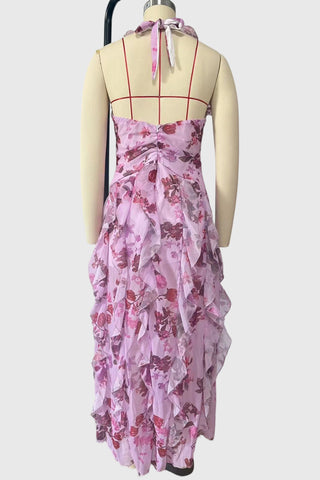 Floral Halter Ruched Ruffle Maxi Dress