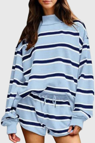 Striped Mock Neck Long Sleeve Short Set