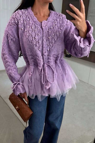 Pearl Knit Cardigan with Tulle Hem