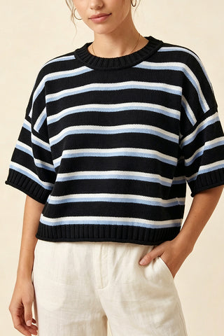 Striped Crew Neck Drop Shoulder Sweater