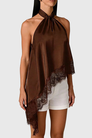 Lace Trim Asymmetric Halter Tank