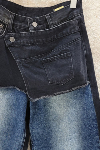 Two-Tone Patchwork Wide-Leg Baggy Jeans