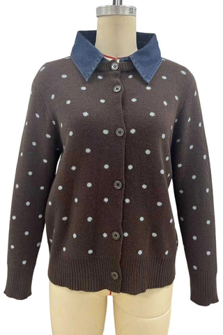 Polka Dot Knit Cardigan with Denim Collar