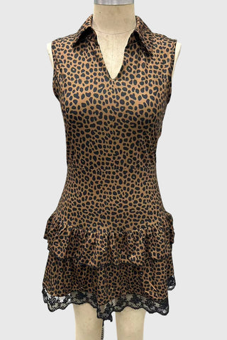Leopard V-Neck Ruffle Hem Mini Dress