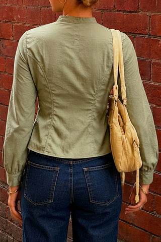 Mock Neck Button-Front Peplum Blouse
