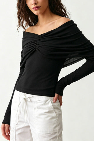 Sheer Ruched Off-Shoulder Long Sleeve Blouse