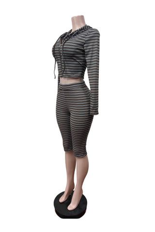 Striped Zip-Up Hoodie Crop Pants Set