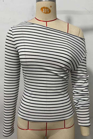 Striped One-Shoulder Ribbed Long Sleeve Top