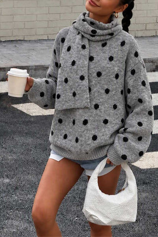 Polka Dot Knit Sweater with Scarf