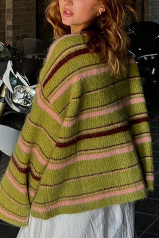 Striped Button-Front Fuzzy Knit Cardigan