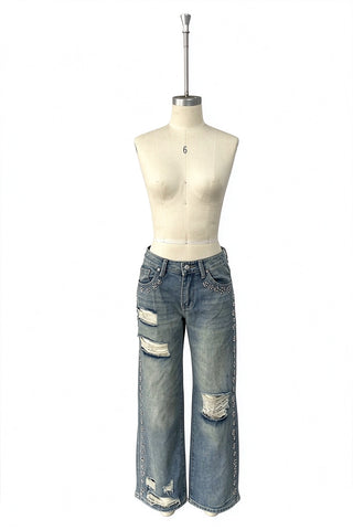 Studded Distressed Straight Jeans