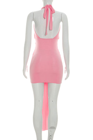 Ruched Halter Deep V-Neck Mini Dress