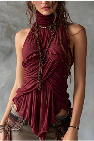 High Neck Ruffle Pleated Halter Top