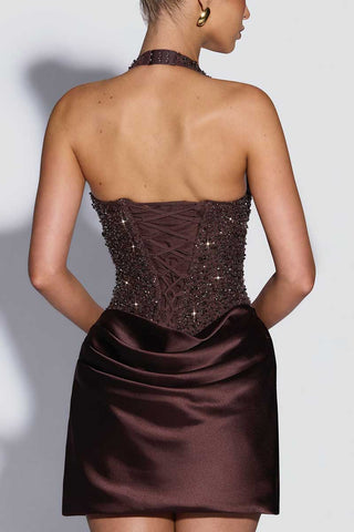 Sequin Halter Satin Mini Casual Dress