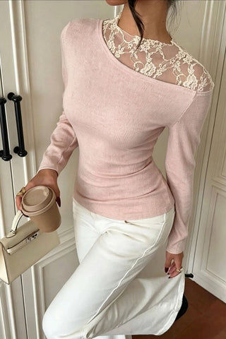 Lace Yoke Asymmetric Long Sleeve Top
