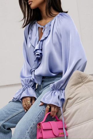 Ruffle V-Neck Tie Sleeve Satin Blouse