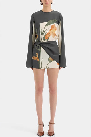 Floral Panel Long Sleeve Wrap Mini Dress