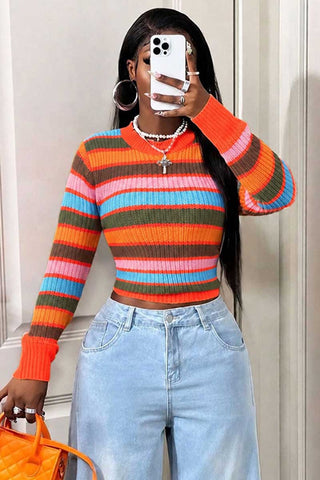 Striped Ribbed Knit Crew Neck Crop Sweater