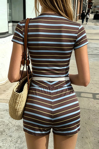 Striped Short-Sleeve Crop Top and Shorts Set