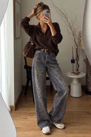 Paisley Print High-Waist Baggy Jeans