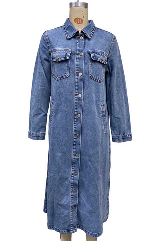 Long Sleeve Button-Front Denim Maxi Coat