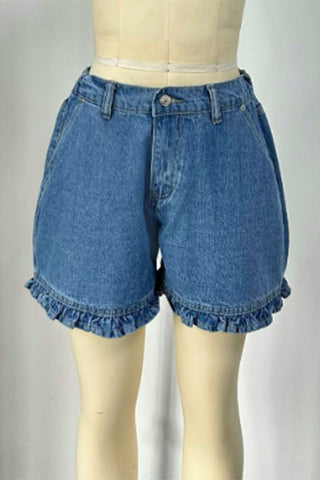 Ruffle-Hem High-Waist Denim Shorts