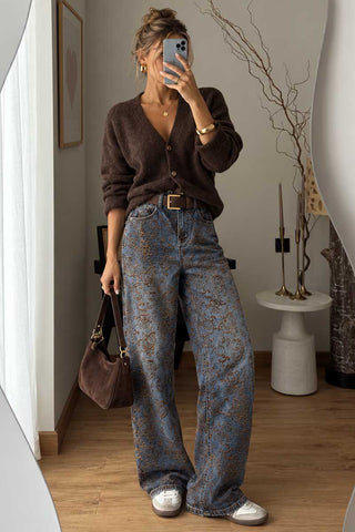 Paisley Print High-Waist Baggy Jeans