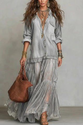 Boho Sheer Panel Maxi Shirt Dress