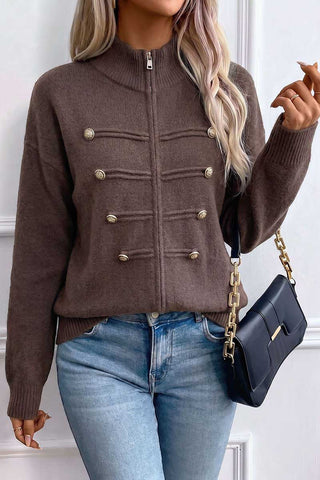 Zip-Front Mock Neck Knit Cardigan