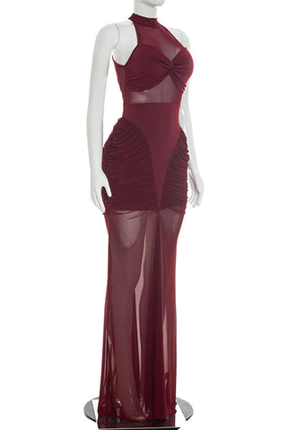 Sheer Bodice Ruched Mermaid Dress