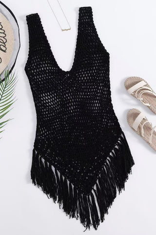 V-Neck Sleeveless Fringe Crochet Blouse