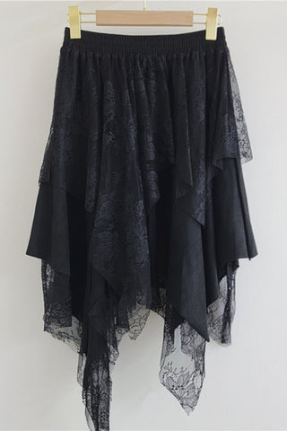 Smocked Waist Lace Asymmetrical Midi Skirt