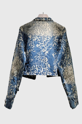 Leopard Print Military Button Denim Jacket